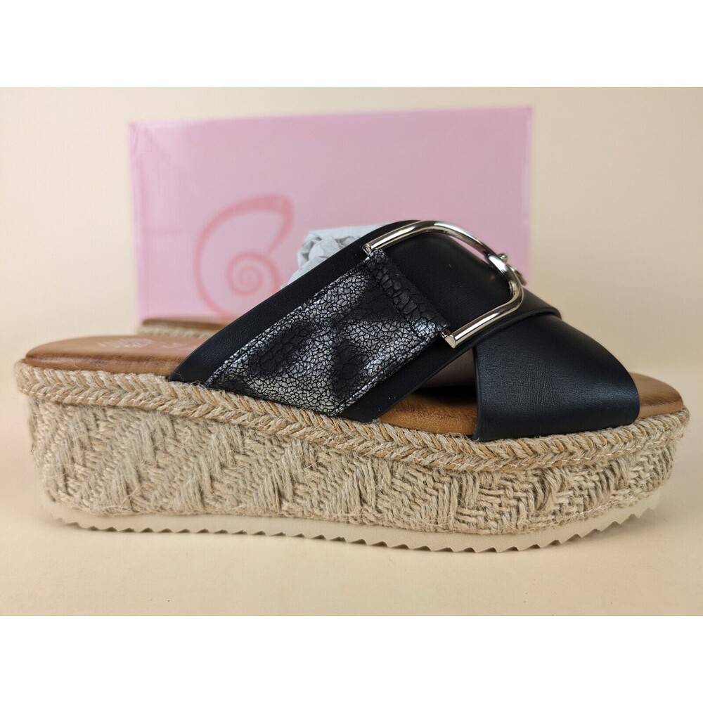GC Shoes Lindsey Espadrille Wedge Sandals Womens 6 M Black Buckle Strap NWB - Picture 4 of 13